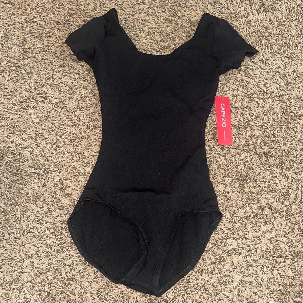 Capezio Black Bodysuit with Scoop Neckline and Cap Sleeves